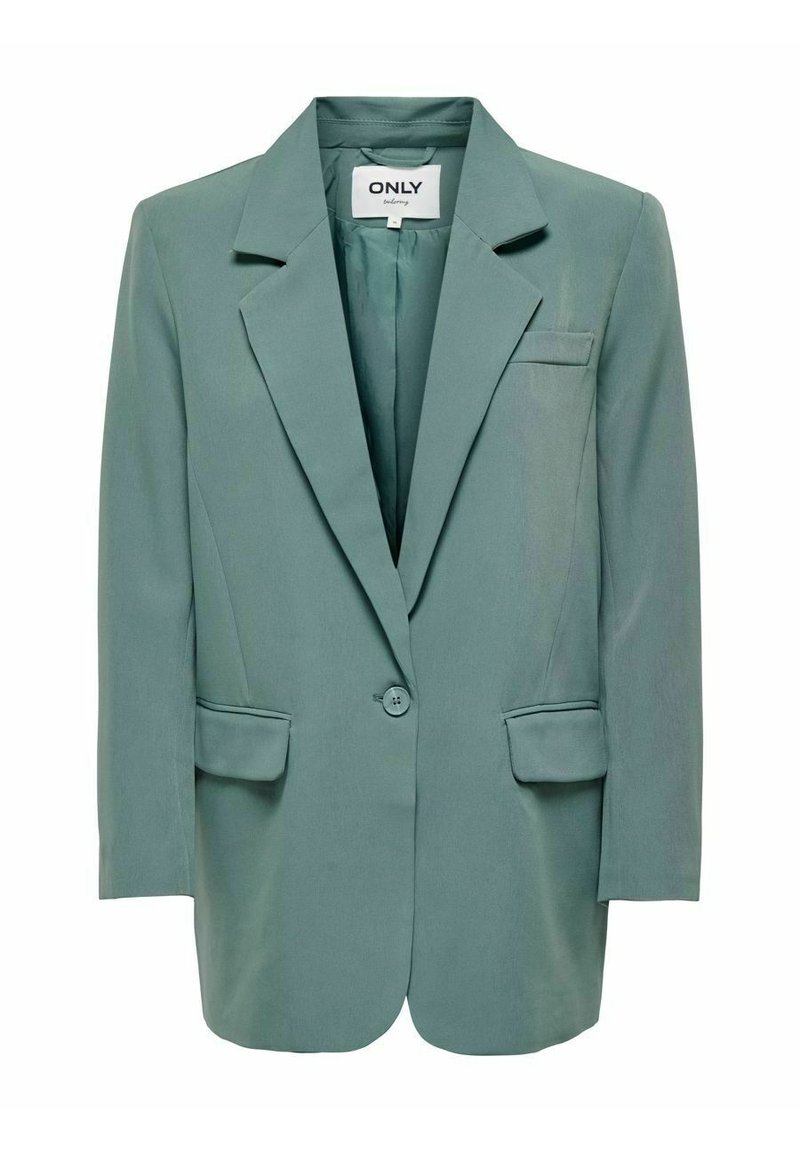 Blazer verde claro con un diseño estructurado, dos bolsillos frontales, cierre de un solo botón y cuello con muesca. Textura de tela suave.