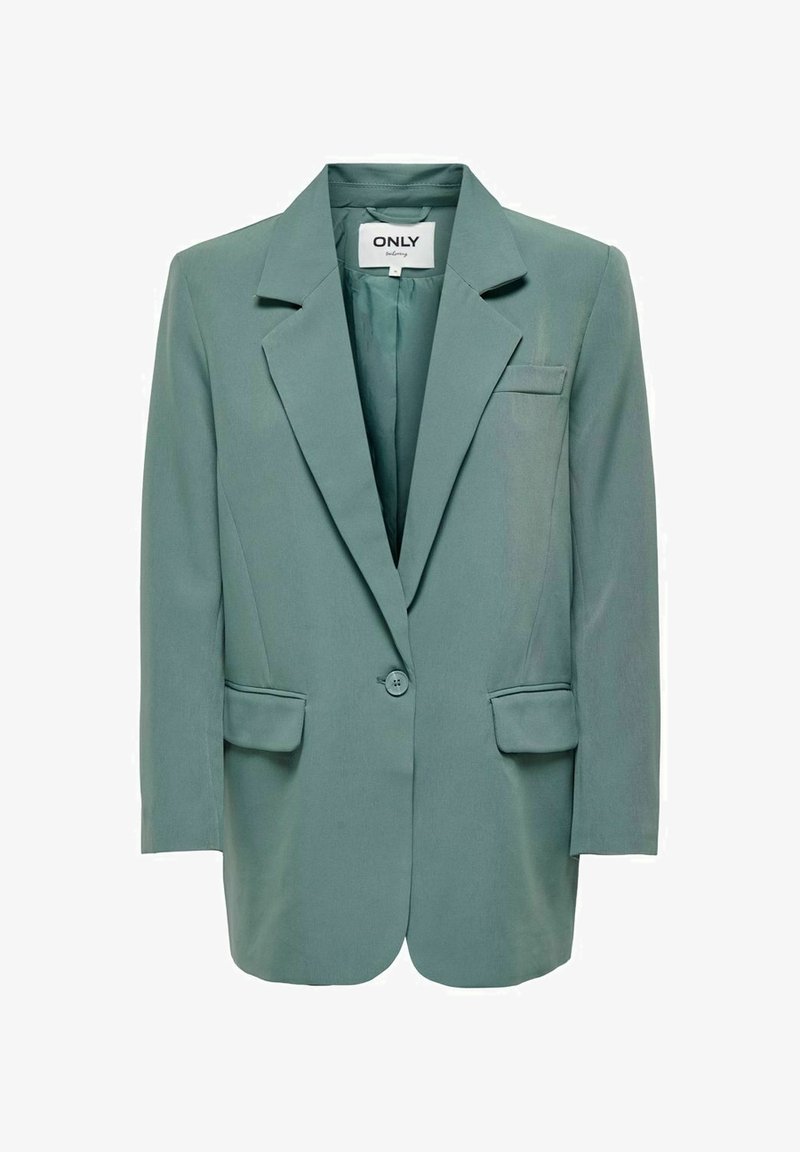 Blazer verde claro con un diseño estructurado, dos bolsillos frontales, cierre de un solo botón y cuello con muesca. Textura de tela suave.