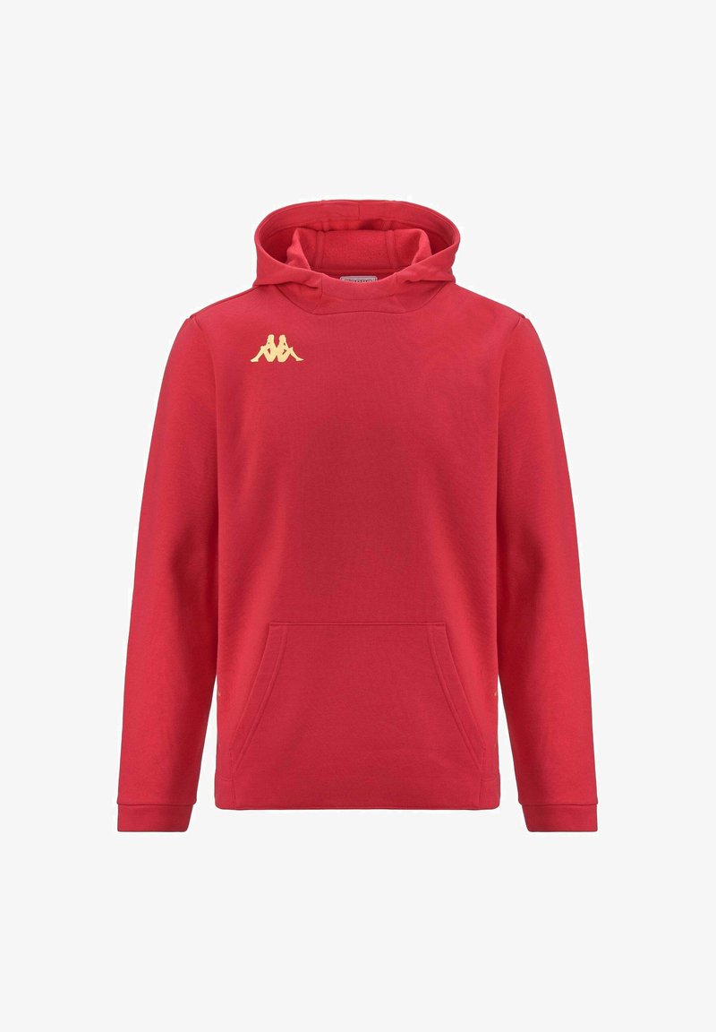 Sweatshirt à capuche rouge avec une poche avant. Il présente un petit logo doré sur la poitrine gauche. Fabriqué en tissu doux, avec des poignets côtelés.