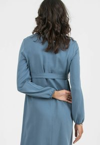 Blaues Langarmkleid aus glattem Stoff, mit tailliertem Schnitt und geradem Design, gesammelten Ärmeln und einfacher Rückendetail.