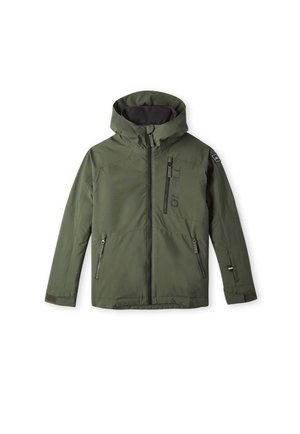 Groene waterdichte jas met capuchon, rits aan de voorkant, twee zijzakken en een borstzak. Voorzien van zwarte accenten en een textuurstof.