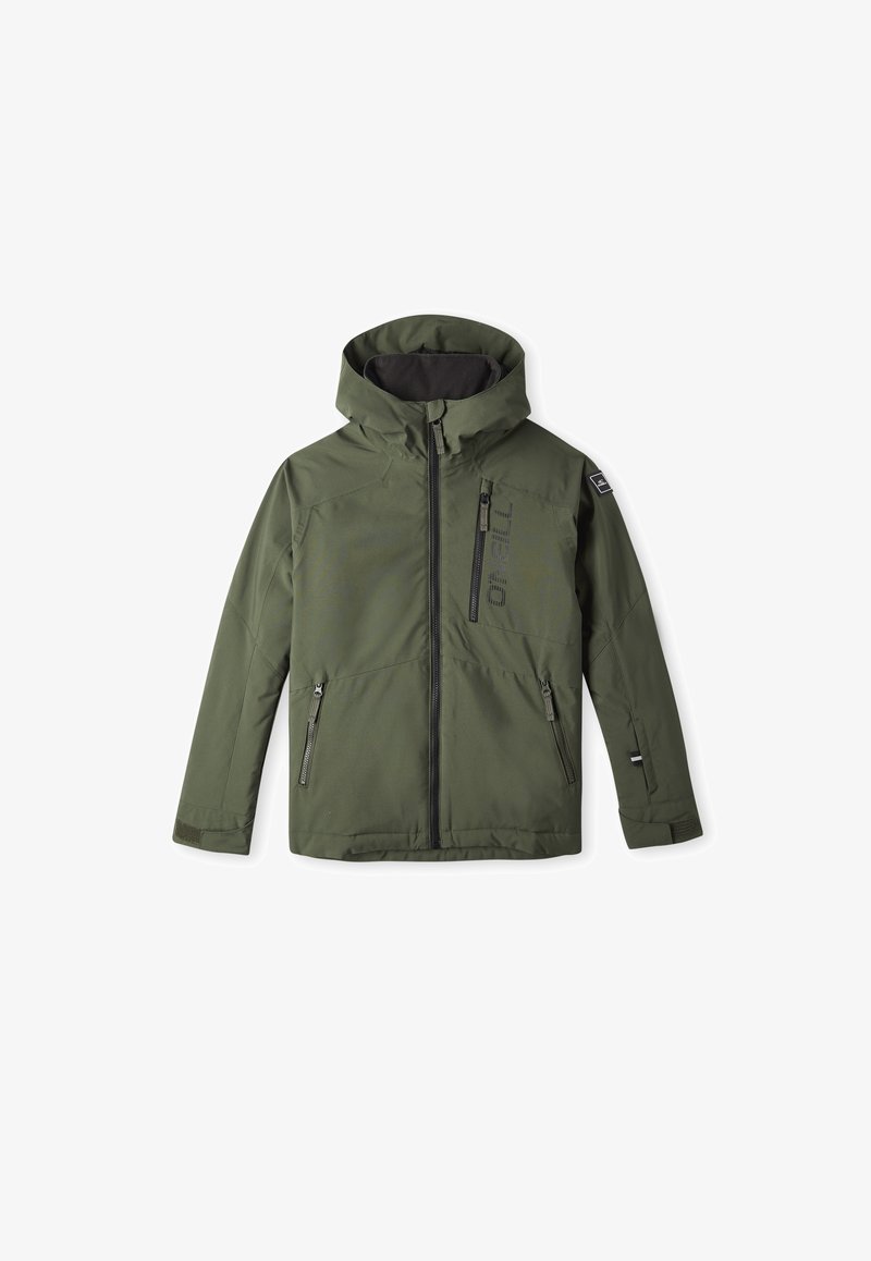 Green waterproof jacket with a hood, zippered front, two side pockets, and a chest pocket. Features black accents and a textured fabric.