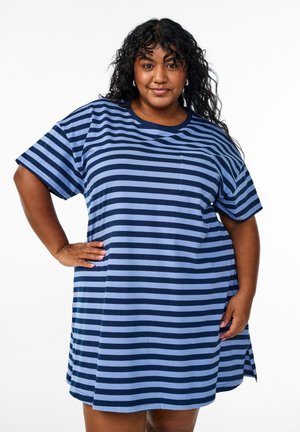 Striped short-sleeve dress in navy and light blue, features a crew neckline and side slits, with a small chest pocket detail.