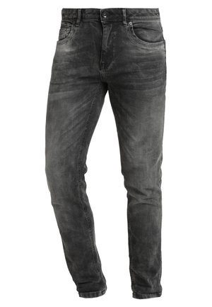 Zwarte denim jeans met een slim fit, voorzien van een vervaagde wassing, vijf zakken en een knoopsluiting bij de taille.