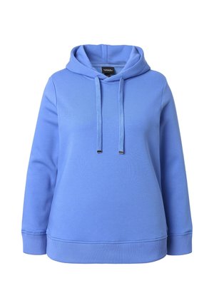 Niebieska bawełniana bluza z kapturem z zapięciem na sznurek, przednią kieszenią typu kangur oraz ściągaczami na mankietach i u dołu. Gładka faktura i luźny krój.