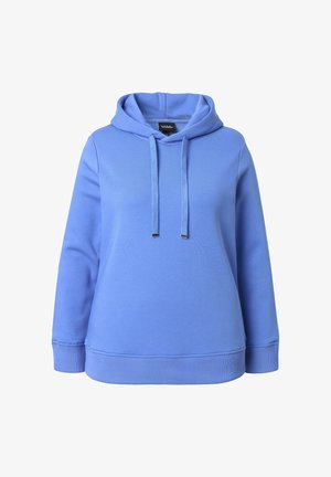 Blauwe katoenen hoodie met koordsluiting, een voorzak in kangoeroestijl en geribde manchetten en zoom. Gladde textuur met een ontspannen pasvorm.