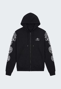 Zwarte hoodie met ritssluiting, met witte bloemenpatronen op de mouwen en een wit PXP-logo op de linkerborst, voorzien van een capuchon met trekkoord.