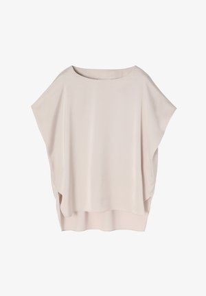 Šviesiai smėlinis, laisvai krentantis marškinėliai su lygiu paviršiumi, plačiomis rankovėmis ir šoninėmis plyšimis. Paprastas, laisvas dizainas, tinkantis sluoksniavimui.