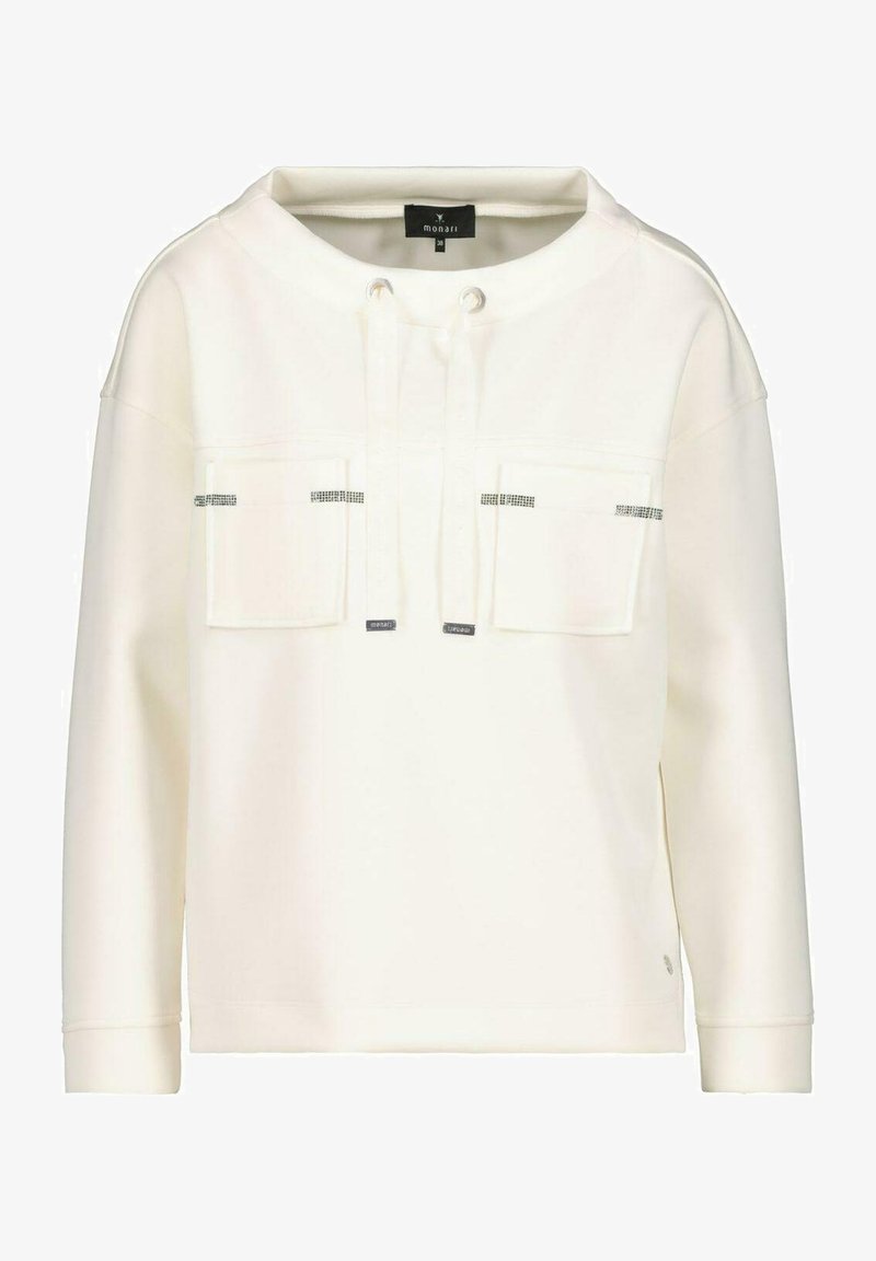 Sweat-shirt blanc cassé à manches longues avec deux poches frontales, col à cordon et détails subtils en strass sur les bords des poches.