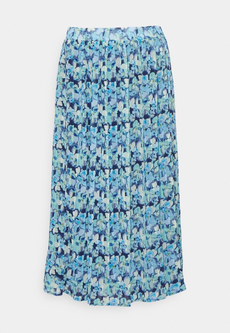 Jupe midi plissée avec motif floral bleu comprenant des nuances de bleu clair, marine et blanc sur un fond clair.