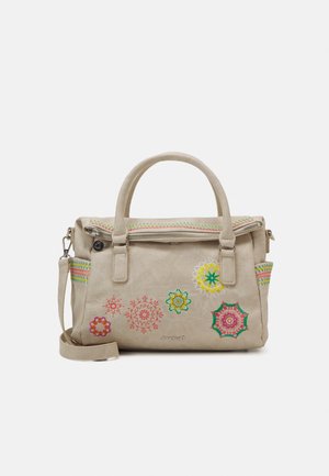 Sac à main beige avec deux poignées, bandoulière amovible, fermeture éclair et motifs floraux brodés multicolores sur le devant.