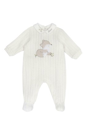 Body bianco in maglia per neonati con piedini, con un'applicazione di una volpe addormentata sul petto e colletto con bottoni a scatto e ricamo floreale.