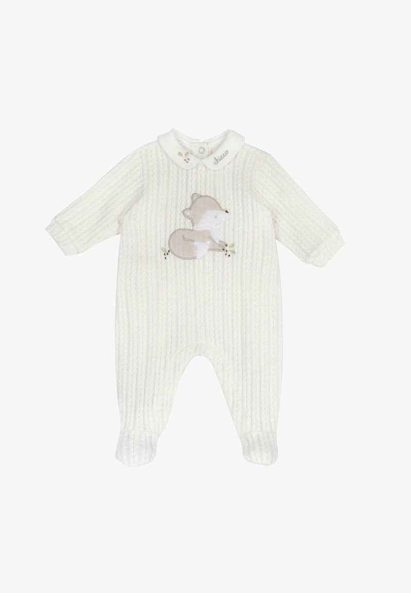 Body blanc en maille pour bébé avec pieds, agrémenté d'une application renard endormi sur la poitrine et d'un col à boutons-pression avec broderie florale.