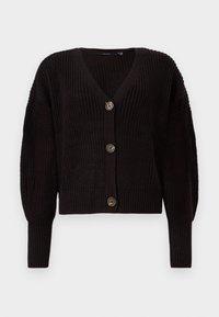 Cardigan de punto grueso en marrón oscuro con escote en V, mangas largas, puños y dobladillo acanalados, y tres botones grandes en la parte delantera.