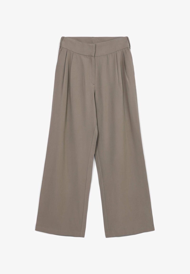 Wide-leg trousers in a light taupe color, made from a smooth fabric. Features front pleats and an elasticated waistband. No pockets.