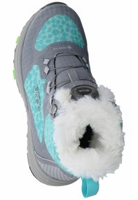 Botas grises con acentos turquesa y un patrón de leopardo. Presentan un suave forro de piel blanca, sistema de cierre BOA y suela texturizada.
