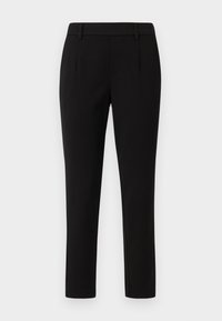 Pantalons noirs ajustés avec une coupe slim, présentant des jambes droites, des plis à l'avant et une texture de tissu lisse.