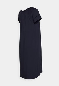 Vestido azul-marinho com mangas curtas e roladas, decote franzido e silhueta reta. Feito de um tecido suave e leve.