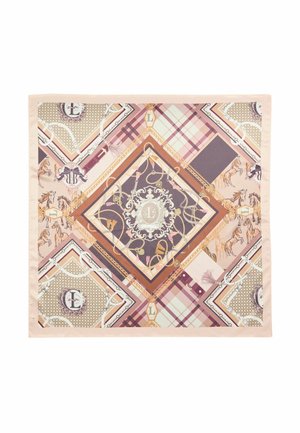 Foulard quadrato con motivi a tema equestre che includono cavalli, redini, corde e design a quadri in tonalità beige, rosa, marrone e viola.
