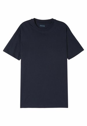 Navy blue cotton t-shirt with a crew neck, short sleeves, and a relaxed fit. Smooth texture, simple design, and no notable patterns or accents.