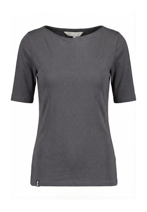 Dunkelgraues, kurzärmeliges, figurbetontes Hemd mit rundem Ausschnitt und kleinem Logoschild am unteren linken Saum.