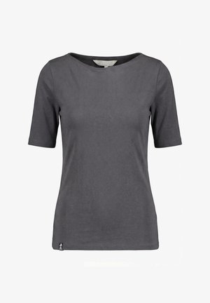 Dunkelgraues, kurzärmeliges, figurbetontes Hemd mit rundem Ausschnitt und kleinem Logoschild am unteren linken Saum.