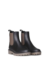 Bottes de cheville noires imperméables avec des panneaux élastiques beige sur les côtés, semelle en caoutchouc texturée et languettes de tirage pour un enfilage facile.