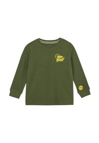 Grünes Langarm-T-Shirt für Kleinkinder mit gelbem "Awesome!"-Text auf der Brust und einem Smiley-Patch am linken Ärmelbund.