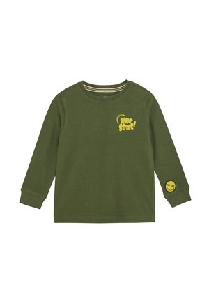 Grünes Langarm-T-Shirt für Kleinkinder mit gelbem "Awesome!"-Text auf der Brust und einem Smiley-Patch am linken Ärmelbund.