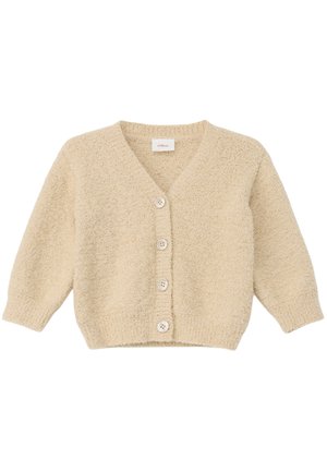 Beżowy, teksturowany sweter kardigan z długimi rękawami, dekoltem w serek, ściągaczami przy mankietach i u dołu oraz czterema guzikami z przodu do zapięcia.