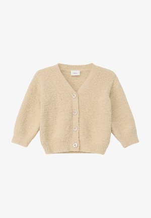 Beige, tekstureret strikket cardigan med lange ærmer, V-hals, ribkanter ved ærmer og kant samt fire knapper foran til lukning.