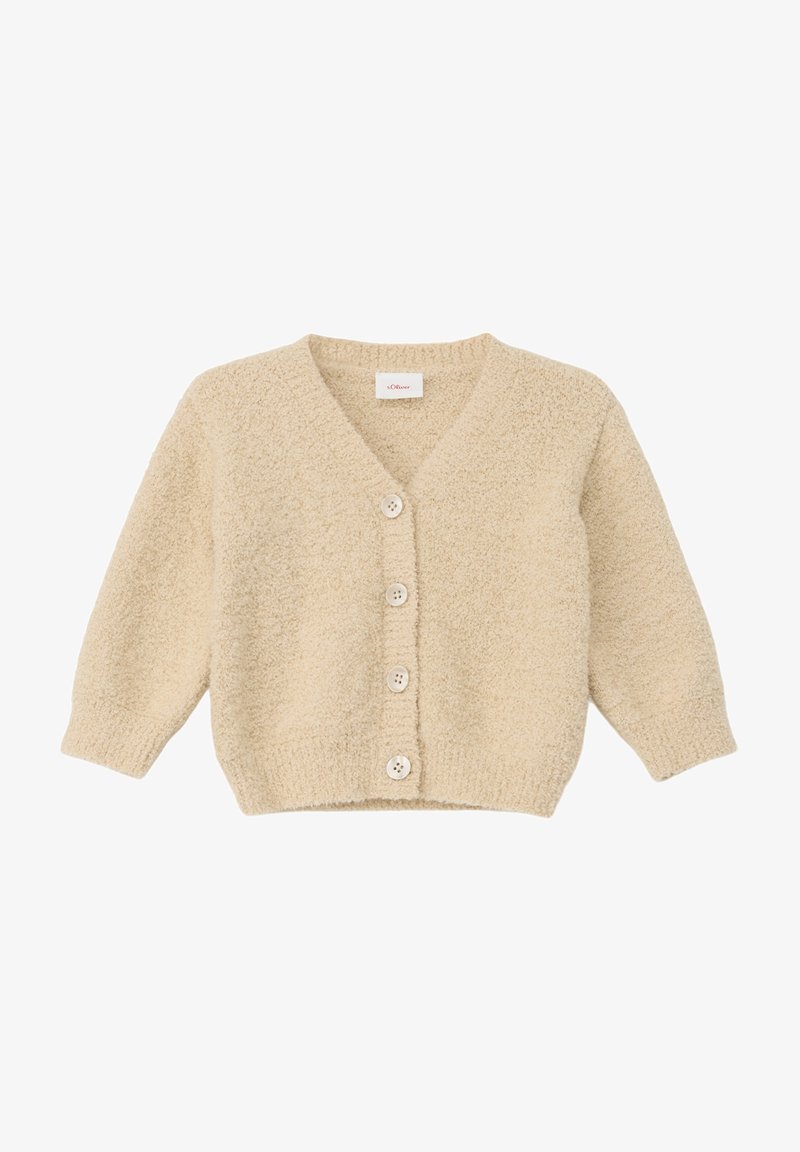 Cardigan beige en maille texturée avec manches longues, encolure en V, poignets et bord-côtes, et quatre boutons sur le devant pour la fermeture.