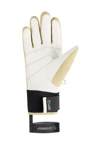 White gloves with yellow accents, featuring stitched detailing, a padded cuff, velcro strap, and a loop for attachment. Designed for grip and support.