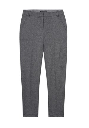 Gray trousers made from textured fabric, featuring a fitted design, side pockets, and a cargo pocket on the right leg.