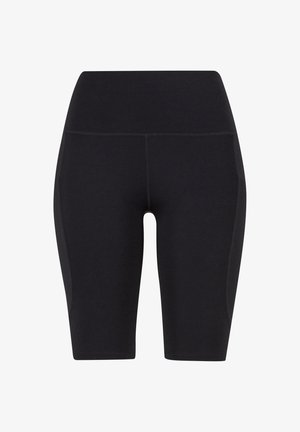 Pantalones cortos deportivos negros con un diseño ajustado, cintura alta y costuras planas. Presentan paneles laterales para un detalle adicional y flexibilidad.