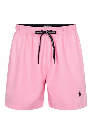 Rózsaszín fürdőnadrág, könnyű anyagból készült, rugalmas derékkal és húzózsinórral, a bal alsó részen pedig egy kis fekete logó található.