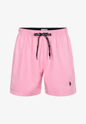 Rózsaszín fürdőnadrág, könnyű anyagból készült, rugalmas derékkal és húzózsinórral, a bal alsó részen pedig egy kis fekete logó található.