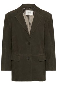 Olivgrüner Wildleder-Blazer mit Reverskragen, Ein-Knopf-Verschluss, zwei Fronttaschen und Satin-Futter. Minimalistisches Design und strukturierte Form.