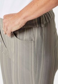 Grijs gestreepte broeken met een soepele textuur, voorzien van een zijzak, elastische tailleband en subtiele lichte strepen voor detail.