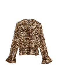 Blusa con stampa leopardata, con un davanti arricciato, maniche lunghe e polsini svasati. Il tessuto è leggero con un dettaglio in vita arricciato.
