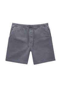 Szare kąpielówki wykonane z miękkiego materiału, z elastyczną talią oraz sznurkiem do regulacji, dwoma bocznymi kieszeniami i prostym krojem.