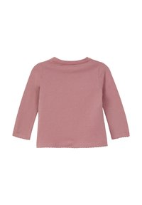 Langarmshirt aus gedämpftem rosa Baumwollstoff, mit rundem Halsausschnitt und gewelltem Saum sowie Ärmeln. Rückansicht.