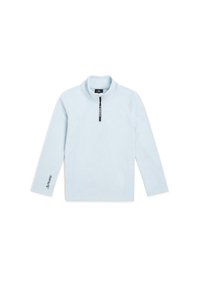 Pull bleu clair avec manches longues, col zippé et logo "POLARTEC" sur la manche. Fabriqué à partir d'un matériau doux et texturé.