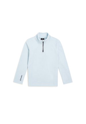 Pull bleu clair avec manches longues, col zippé et logo "POLARTEC" sur la manche. Fabriqué à partir d'un matériau doux et texturé.