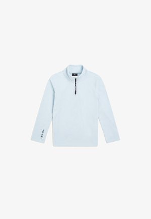 Šviesiai mėlynas megztinis ilgomis rankovėmis, su užtrauktuku prie kaklo ir "POLARTEC" logotipu ant rankovės. Pagamintas iš minkšto, tekstūrinio audinio.