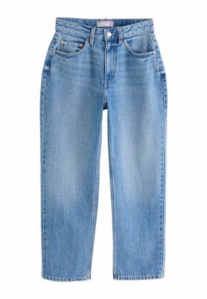 Niebieskie, proste dżinsy z przodu zapinane na guziki i zamek błyskawiczny, z szlufkami na pasek oraz pięcioma kieszeniami.