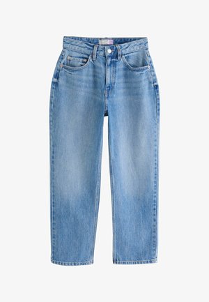 Vaaleansiniset suoralahkeiset farkut, joissa edessä nappi, vetoketju, vyölenkit ja viisi taskua.