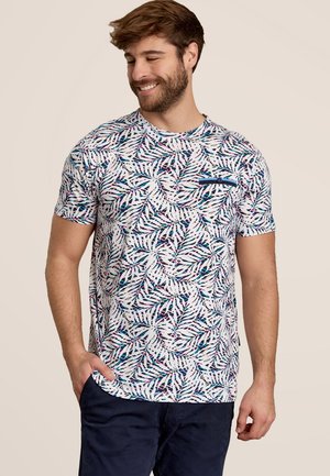 Korte mouwen t-shirt gemaakt van lichte stof, met een blauw-wit bladerenpatroon, voorzien van een klein zakje op de borst.