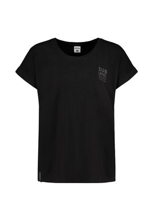 Schwarzes T-Shirt mit kurzen Ärmeln und lockerer Passform, mit einem kleinen grauen Logo-Text auf der linken Brust. Weicher Stoff mit glatter Textur.