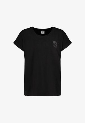 Schwarzes T-Shirt mit kurzen Ärmeln und lockerer Passform, mit einem kleinen grauen Logo-Text auf der linken Brust. Weicher Stoff mit glatter Textur.